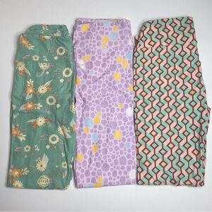 LuLaRoe Leggings OS One Size Set of 3 Light Green Floral, Purple, Pink Geometric